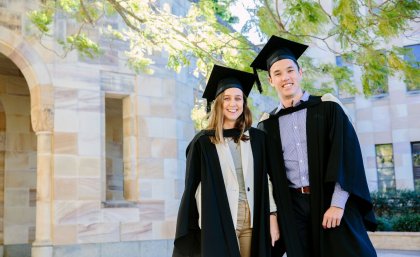 Spot the plastic bottles: The new graduation gowns at UQ are made from 100 per cent recycled plastic bottles. Modelled by July graduating students Hannah Hardy and Casey Fung. Spot the plastic bottles: The new graduation gowns at UQ are made from 100 per cent recycled plastic bottles. Modelled by July graduating students Hannah Hardy and Casey Fung.